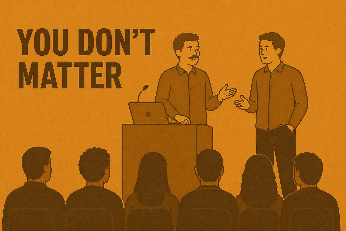 Two men on a stage in front of a crowd looking at each other, with the title of the newsletter reading "You don't matter"