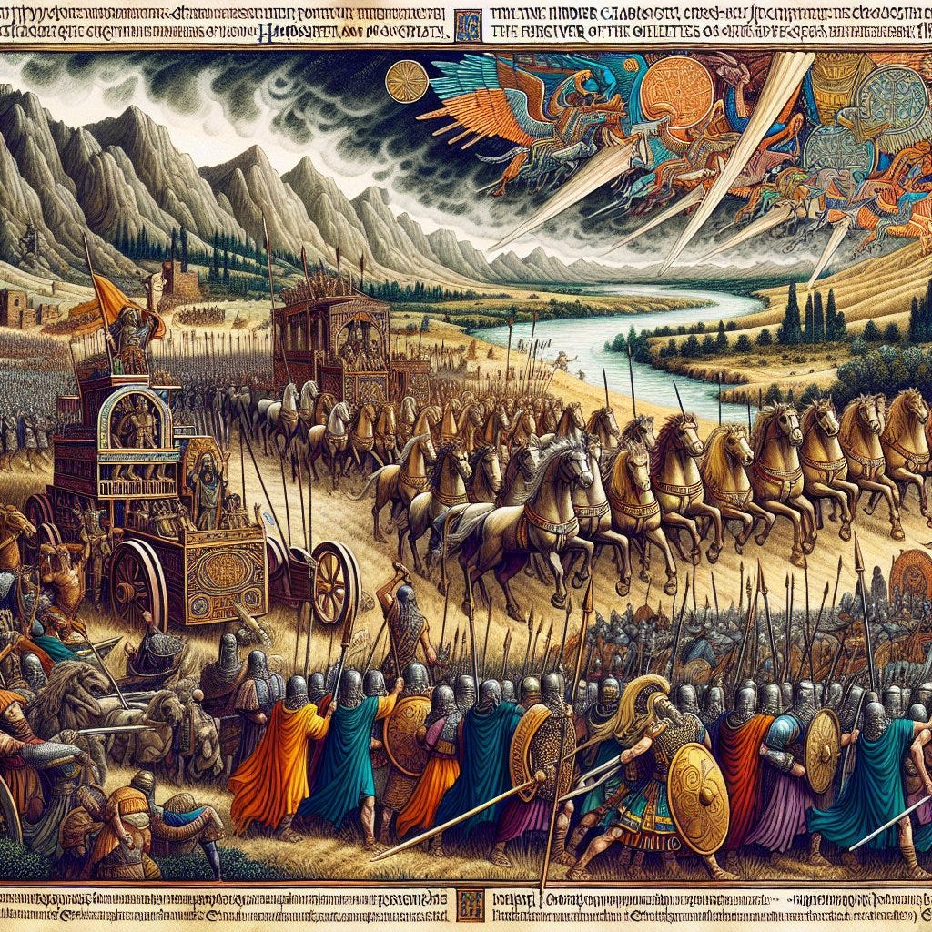 A highly detailed, stylized illustration of a biblical battle scene. In the foreground, armored soldiers with spears and round shields clash in formation. In the midground, ornate chariots drawn by horses advance alongside large infantry units. Above, fantastical angelic figures with wings and glowing armor descend from a stormy sky, symbolizing divine intervention. The background features mountains, rivers, and a fortified settlement, framed by intricate decorative script along the top and bottom edges of the image.