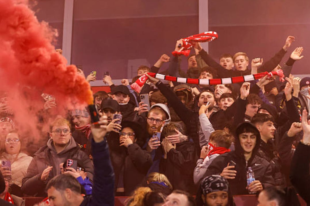 FLEETWOOD, ENGLAND - OCTOBER 27: Fleetwood fans during the Carabao Cup Fourth Round match between Fleetwood Town and Arsenal at Highbury Stadium on October 27, 2026 in Fleetwood, England. (Photo by Jacques Feeney/Offside/Offside via Getty Images)