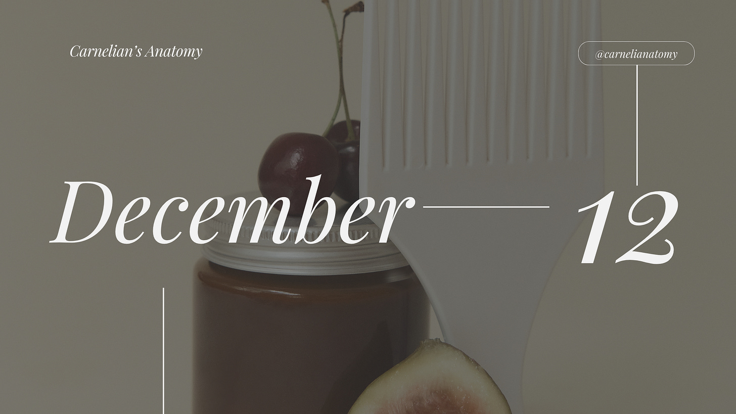 Pictured is a banner for the month of December. The top layer is the numerical month and our publication user name. The background is a stock image of a hair pick, cherries, fig, and preserve jam centered in the middle in a upright position, nestled between each other.