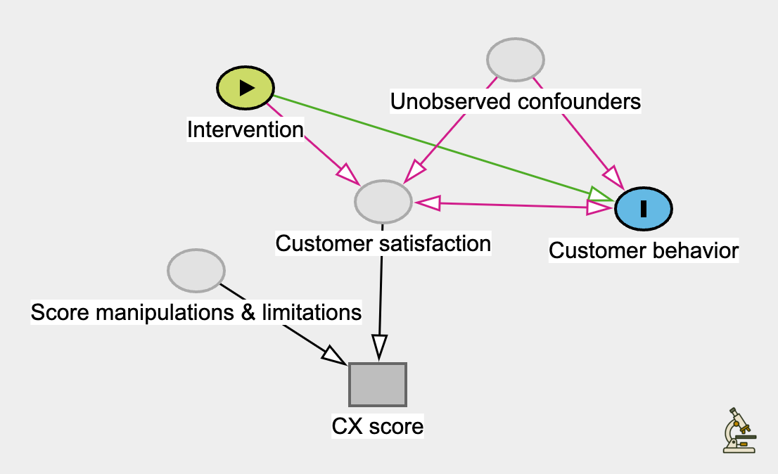 Causal diagram: intervention, confounders, and score issues bias the relationship between customer satisfaction (proxied by CX score) and customer behavior.
