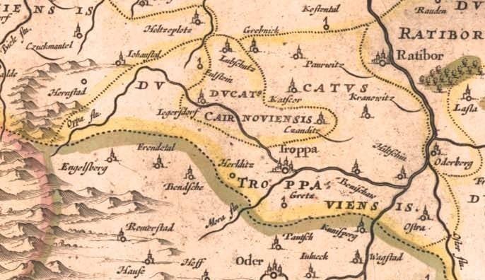 Duchies of Opava and Krnov, taken from https://en.wikipedia.org/wiki/Duchy_of_Krnov#/media/File:Ducatus_Troppaviensis_(Blaeu_1645_-_Silesia_Ducatus).jpg