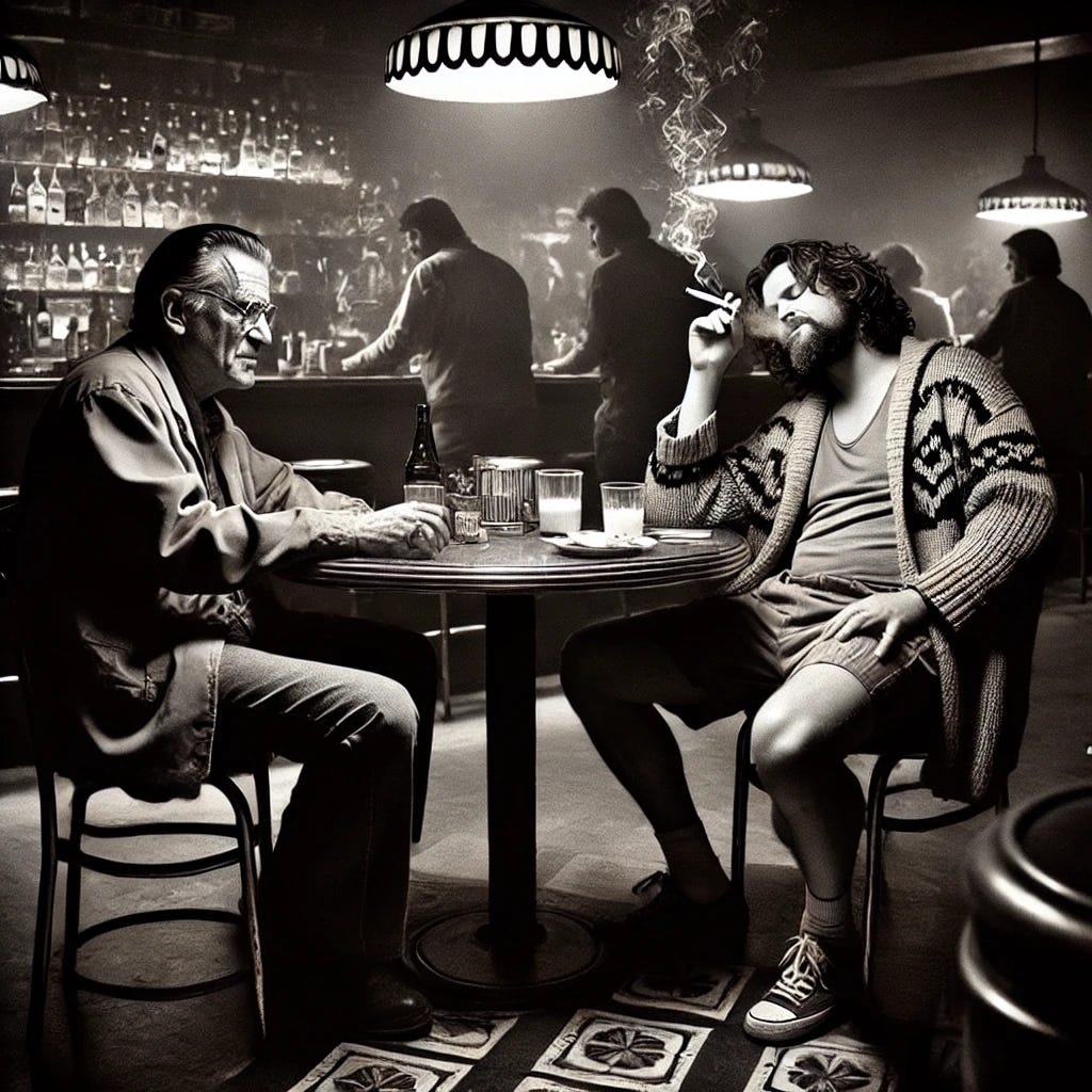 A cena se passa em um bar esfumaçado, com luz baixa e um clima decadente. Charles Bukowski está sentado à mesa, cigarro na boca, copo de uísque na mão, com um olhar cansado, mas atento. Ao lado dele, Jeff "The Dude" Lebowski está de roupão puído, bermuda larga e chinelos, segurando um White Russian e jogando os pés relaxadamente sobre a mesa. O ambiente tem um toque noir, com uma jukebox tocando jazz ao fundo e garrafas espalhadas pelo balcão. Há um clima de conversa intensa e filosófica, onde os dois personagens parecem trocarem ideias sobre a vida, o caos e a existência.