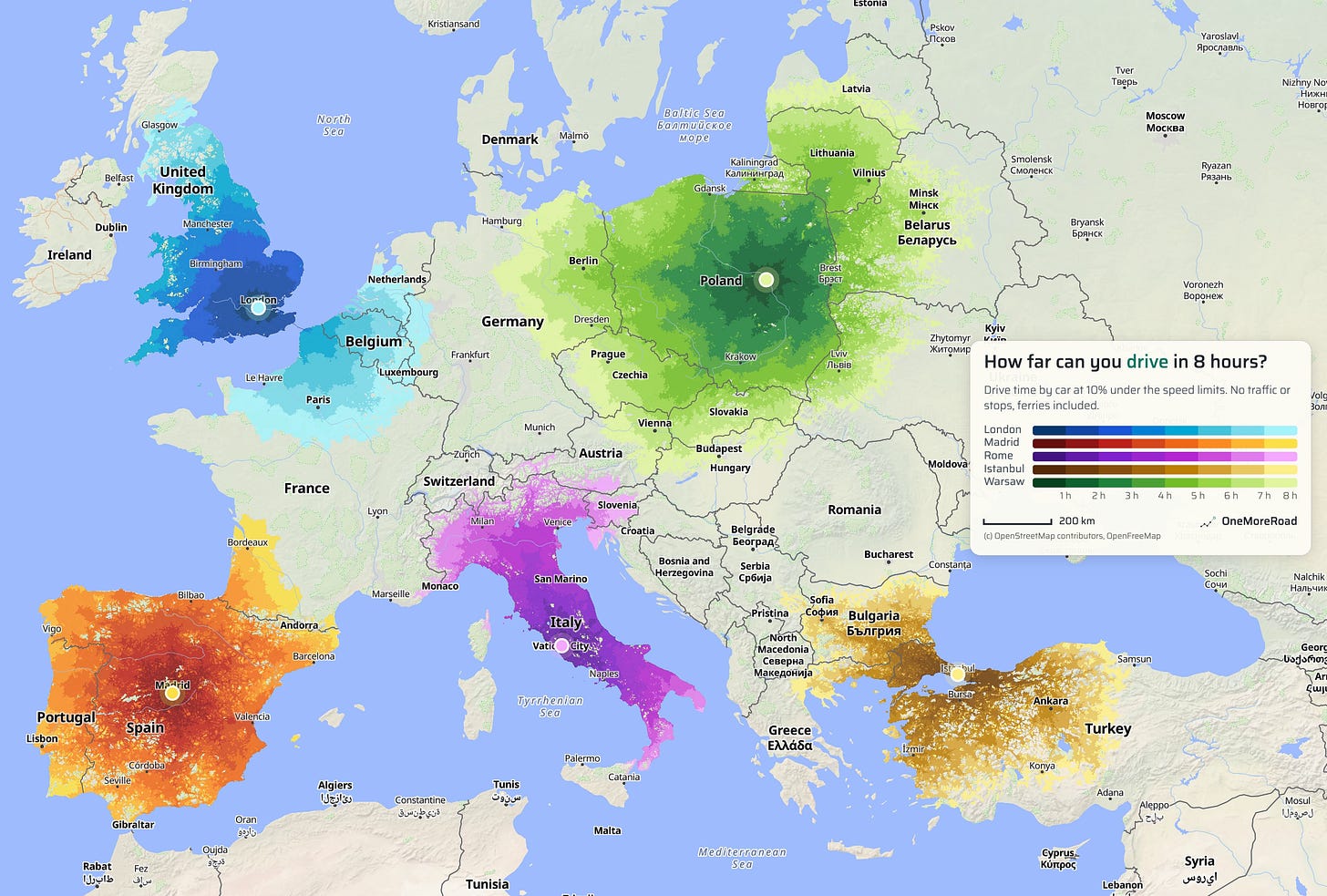 r/MapPorn - How far can you get in 8 hours of driving starting from 5 European capitals