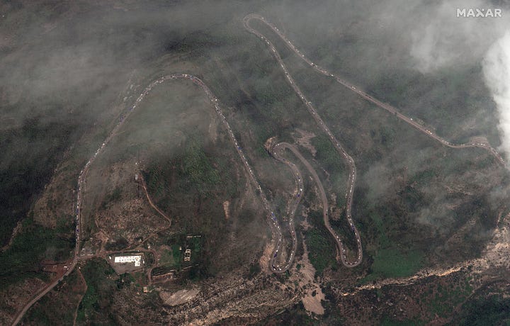 Satellite pictures show long queues of cars waiting to cross into Armenia