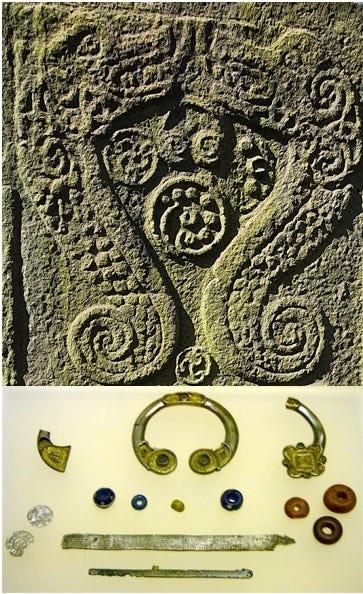 The ‘monsters’ on Rodney’s Stone possibly guarding a treasure of metalwork, with the contents of the Croy Hoard, including a penannular brooch and two Anglo-Saxon coins, pictured below The ‘monsters’ on Rodney’s Stone possibly guarding a treasure of metalwork, with the contents of the Croy Hoard, including a penannular brooch and two Anglo-Saxon coins, pictured below