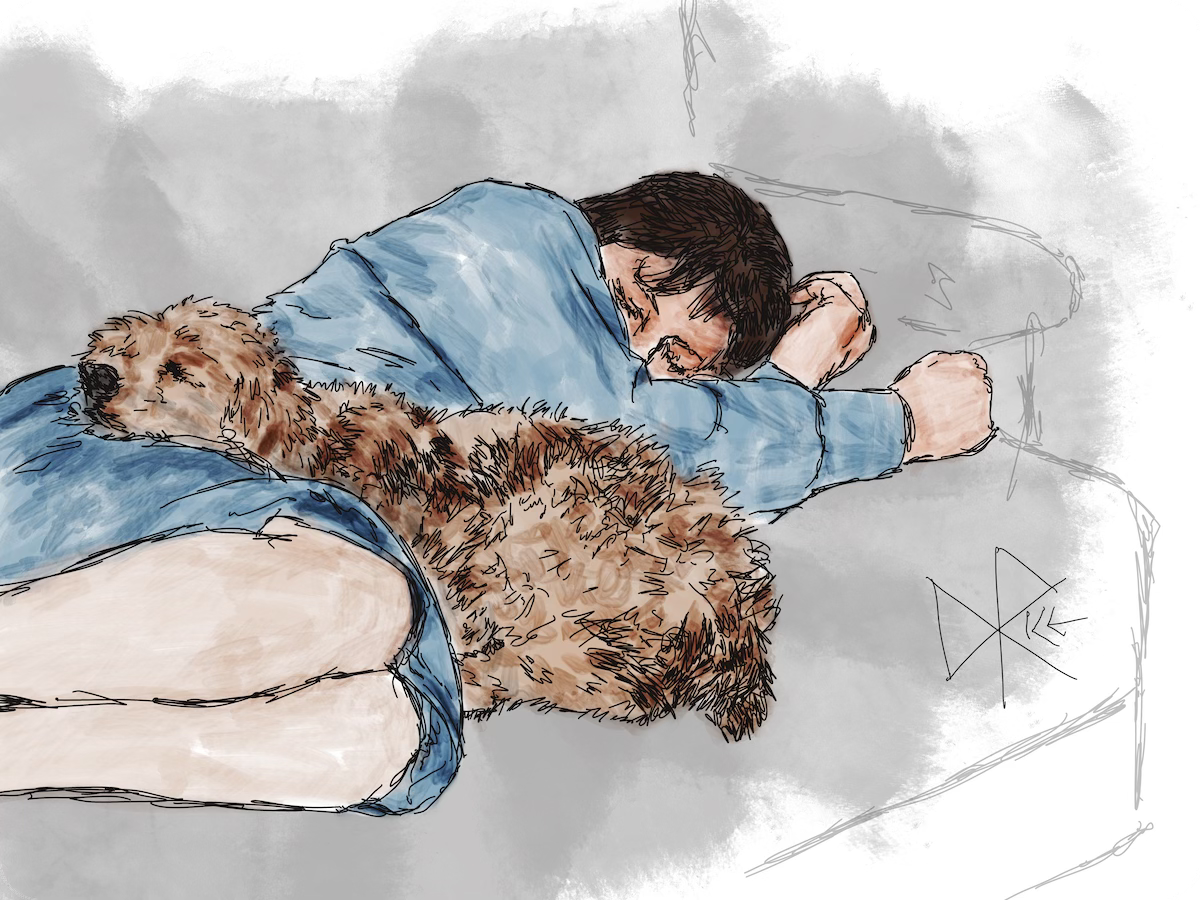 A woman in a blue dress taking a nap on a couch. A spaniel naps with her, curled into the negative space and chin propped on the woman’s hip. Sketch art by Don Rice. A woman in a blue dress taking a nap on a couch. A spaniel naps with her, curled into the negative space and chin propped on the woman’s hip. Sketch art by Don Rice.