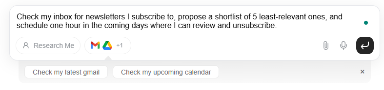 Screenshot of Genspark AI assistant prompt requesting inbox analysis, newsletter prioritization, and calendar scheduling, showcasing new Genspark productivity features