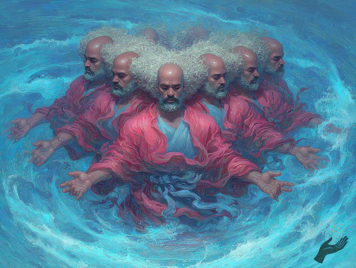 A central bearded figure in a bright pink robe stands in swirling blue water with open hands, surrounded by repeated versions of the figure and pale cloud-like forms around their heads.