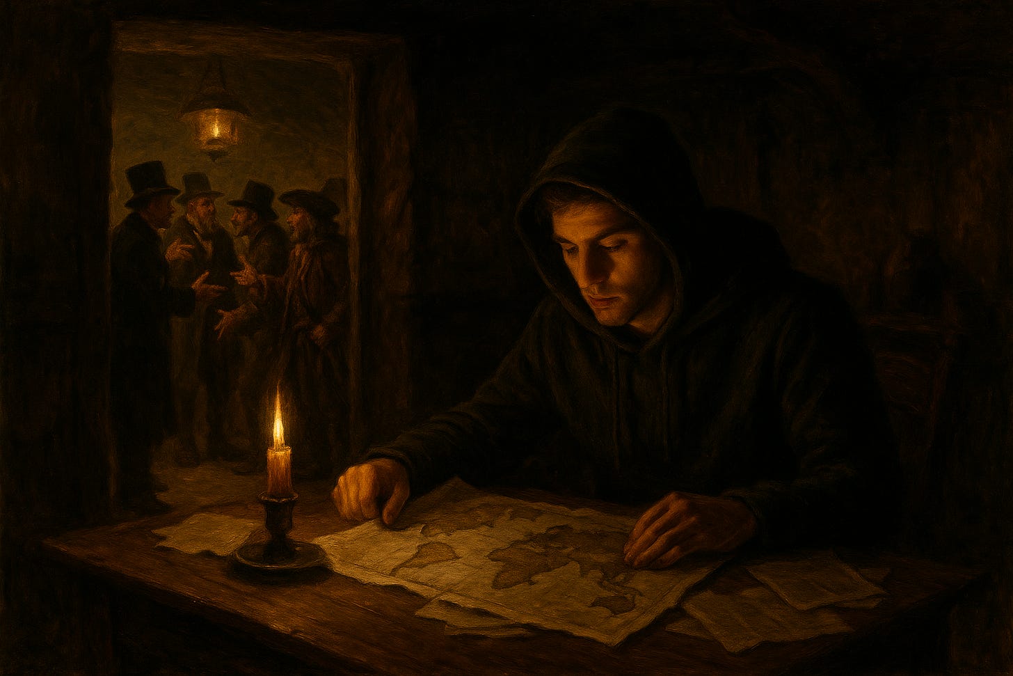 A young man in a modern hoodie studies a world map by candlelight at a desk while, through a doorway behind him, 19th-century businessmen argue with rough seafaring men who look like 18th-century pirates, oil painting.