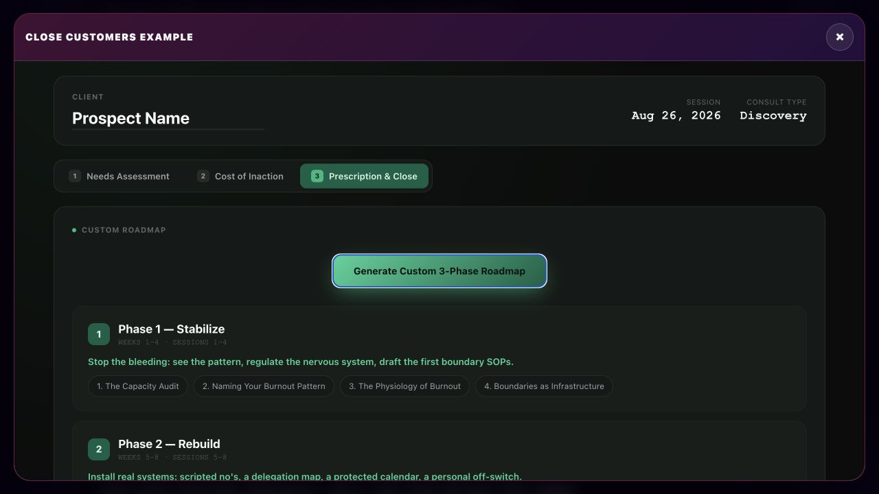 Generated three-phase coaching roadmap with program pricing and an Initiate Onboarding button