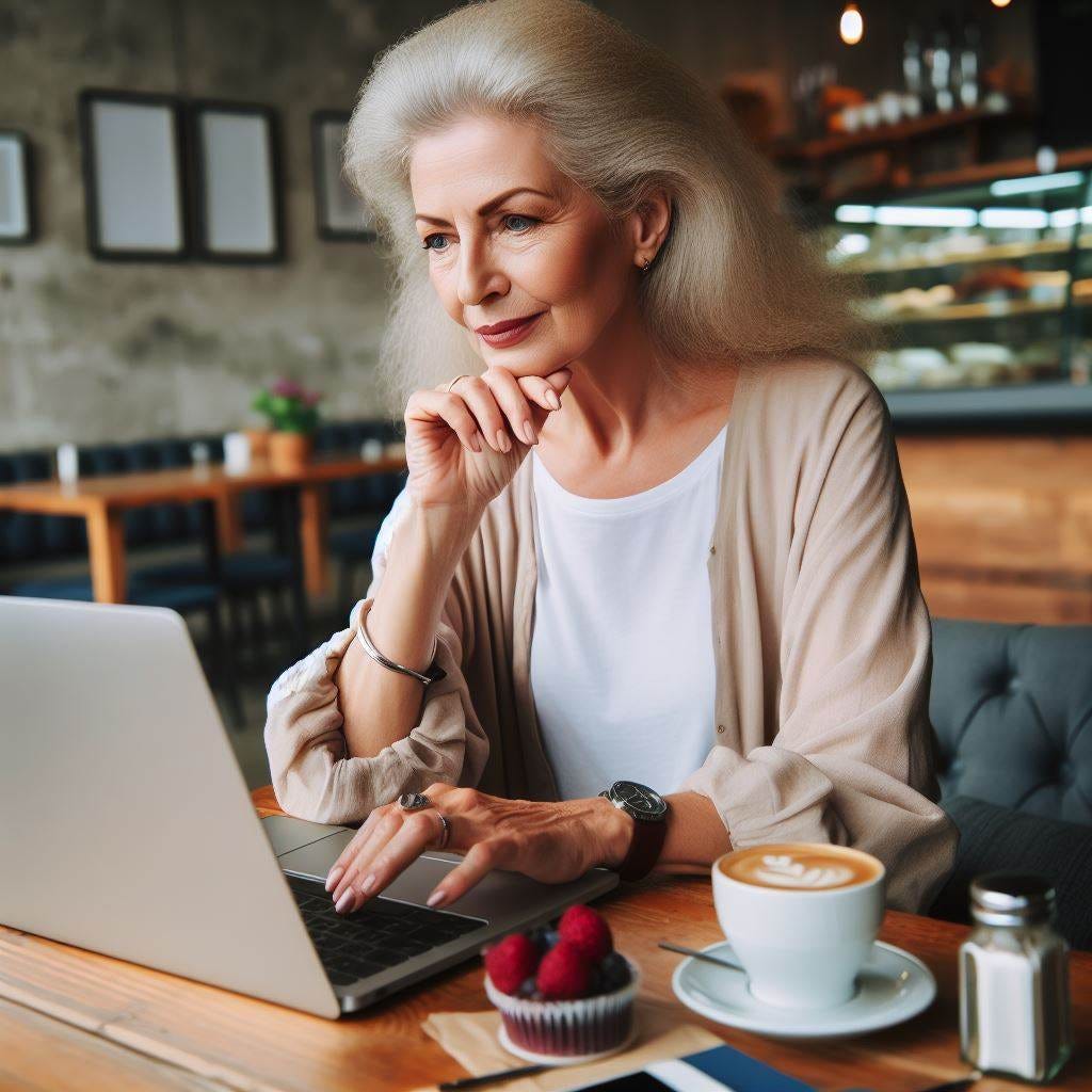 A beautiful older woman author working diligently on their laptop in a coffeehouse.