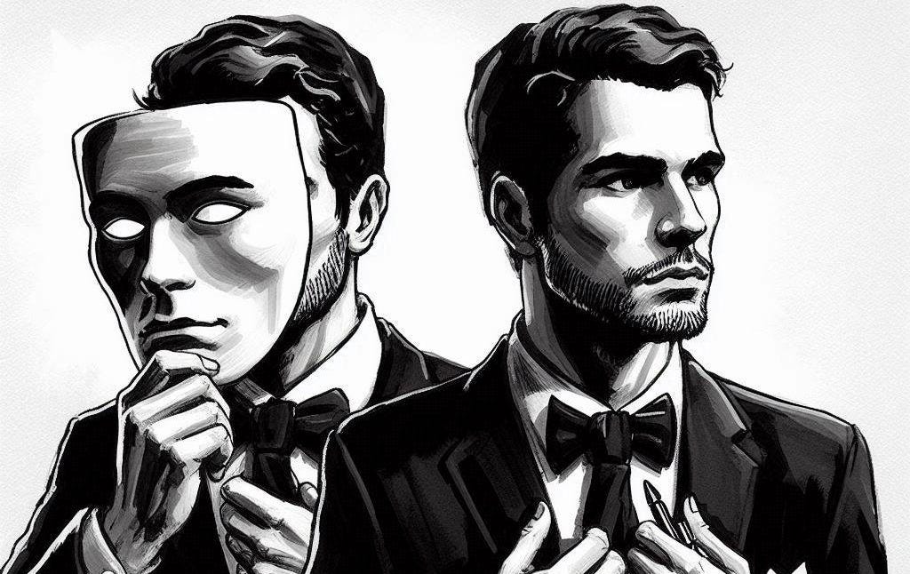a man pretending who he is in black and white ink and gouache style