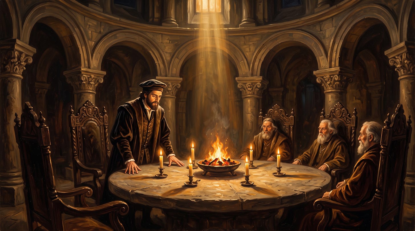 Four Renaissance-style advisors gather around a candlelit stone table, symbolizing a multi-model AI council