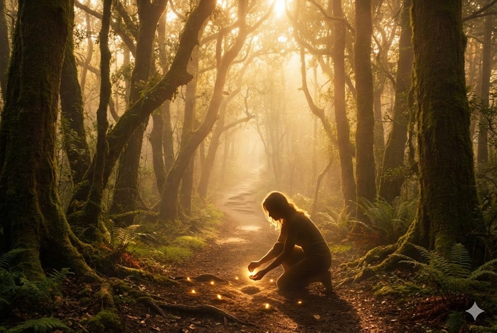 A solitary figure kneels on a forest path at dawn, gently placing small lights on the ground as warm sunlight filters through tall trees, suggesting quiet practice, intention, and inner transformation.