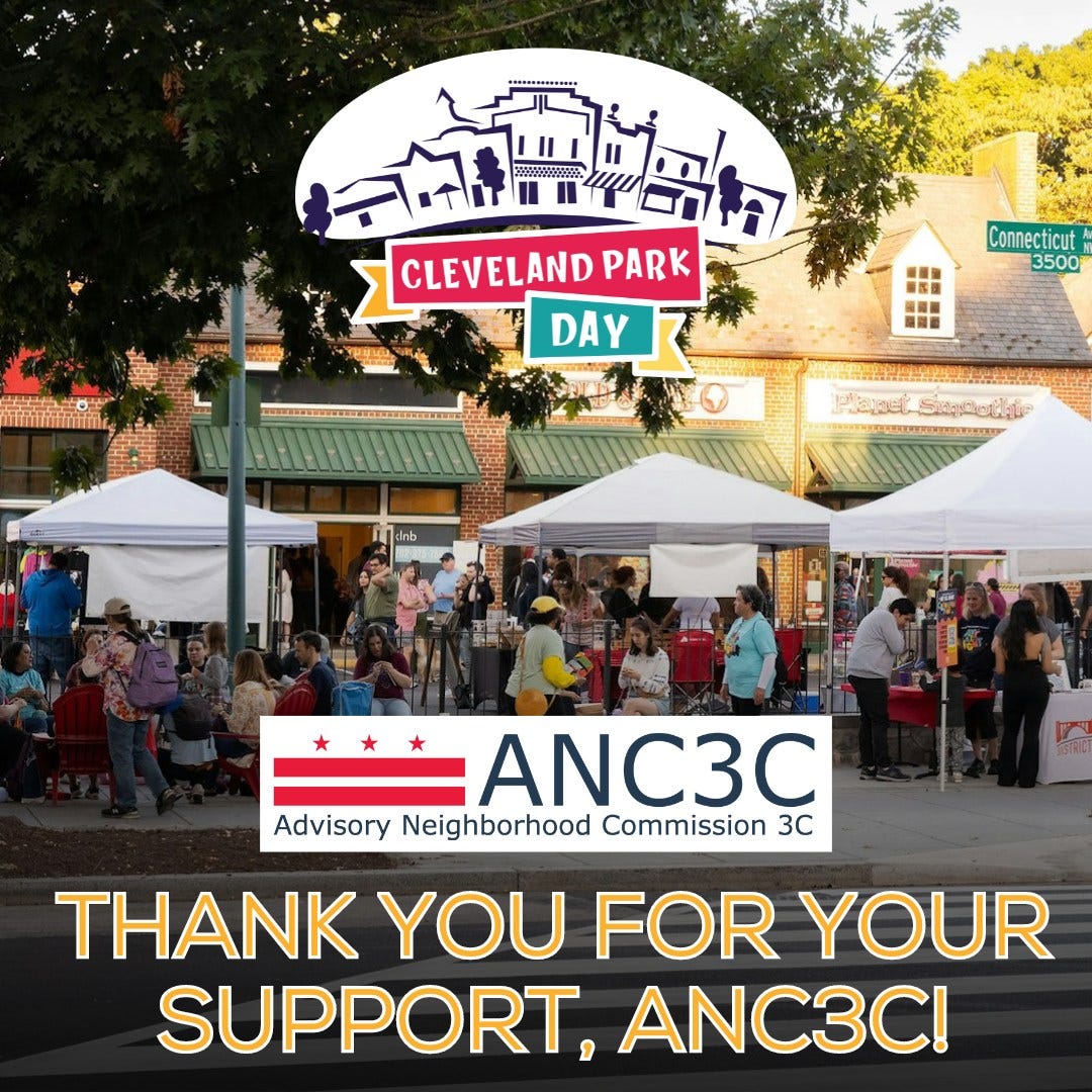he ANC3C and Cleveland Park Day logos are overlayed on a picture of an outdoor event in Cleveland Park showing tents of vendors and a crowd of participants.  This is the park and shop, with coldstone and planet smoothie in the background. The crowd is about 40. It's sunset and you can see tents and a tree.