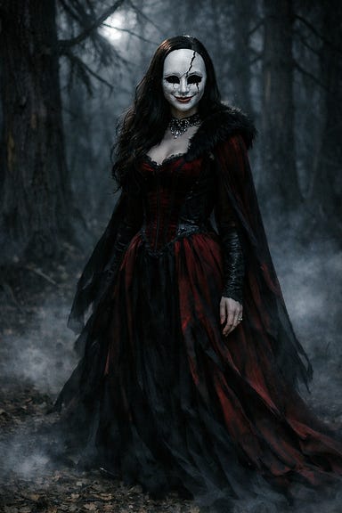 Anastrasya wearing Volenta’s cracked porcelain mask, dark aristocratic elegance, wine‑red and black gown trailing like ink, moonlit Barovian forest Anastrasya wearing Volenta’s cracked porcelain mask, dark aristocratic elegance, wine‑red and black gown trailing like ink, moonlit Barovian forest