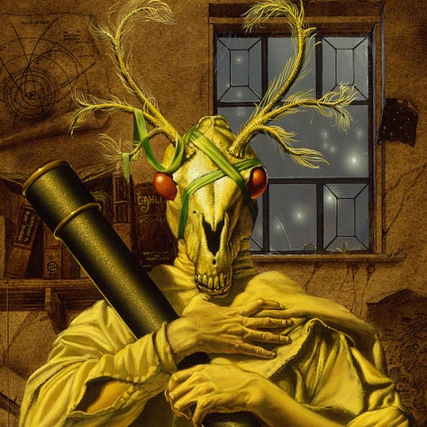LEFT: Figure detail from BUFFO featuring a man, wearing a horse skull with antler and clasping the long tube of a telescope tightly to him. The antlers have a softened appearance with wispy, featherlike filaments growing from them. CENTER: Close detail from BUFFO featuring a closer look at the horse skull. Despite the antlers, it doesn't look like a deer. A row of incisors are set at the front of the mouth. The opening at the nose is V-shaped, black filling its depth. A green ribbon wraps the skull and drapes over the antlers. Red orbs protrude from the sockets of the skull. RIGHT: Close detail from BUFFO featuring the book shelf in the background. Text on the spines is visible on some including "Dahli" with a stylized letter A curling down on one leg. Another book off to the left reads "Dying Worlds". The artist's sigil, a stylized M and W bound within a circle is hidden low on one of the spines.