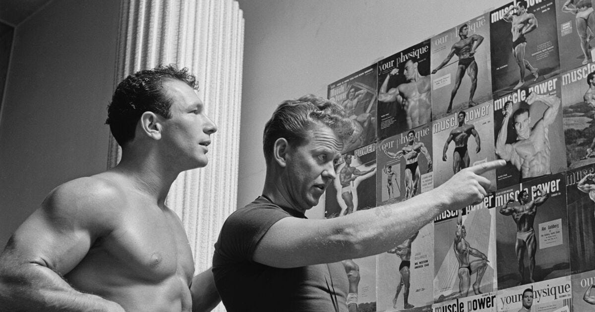 May be a black-and-white image of 3 people and text that says 'muce Gique our lv hsique our -I musci POWER our h&que he que muscl power mpccle,zower muscle nower mam nUacI _ jumer misca cower e 2514 muscle power youn hysique'