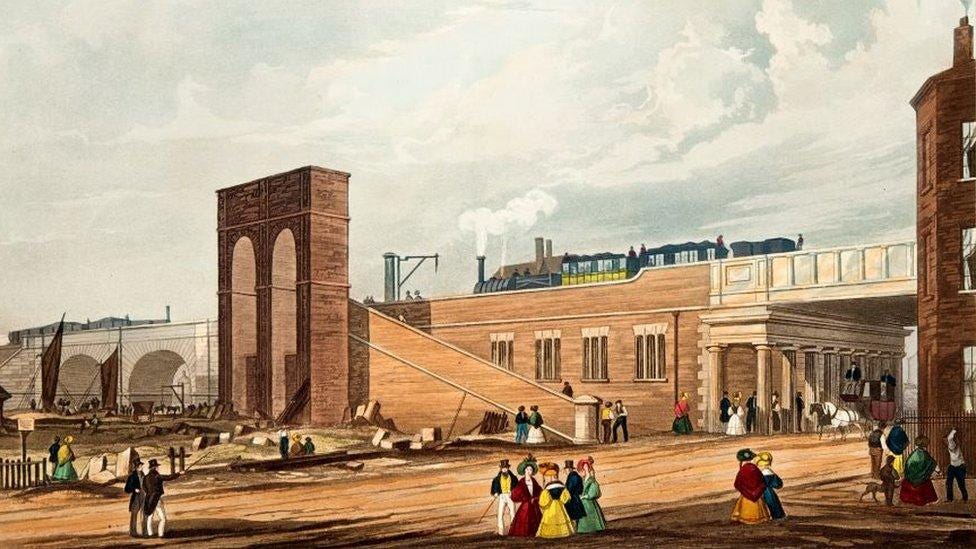 Entrance into Manchester Across Water Street, published 1831 (hand coloured engraving)