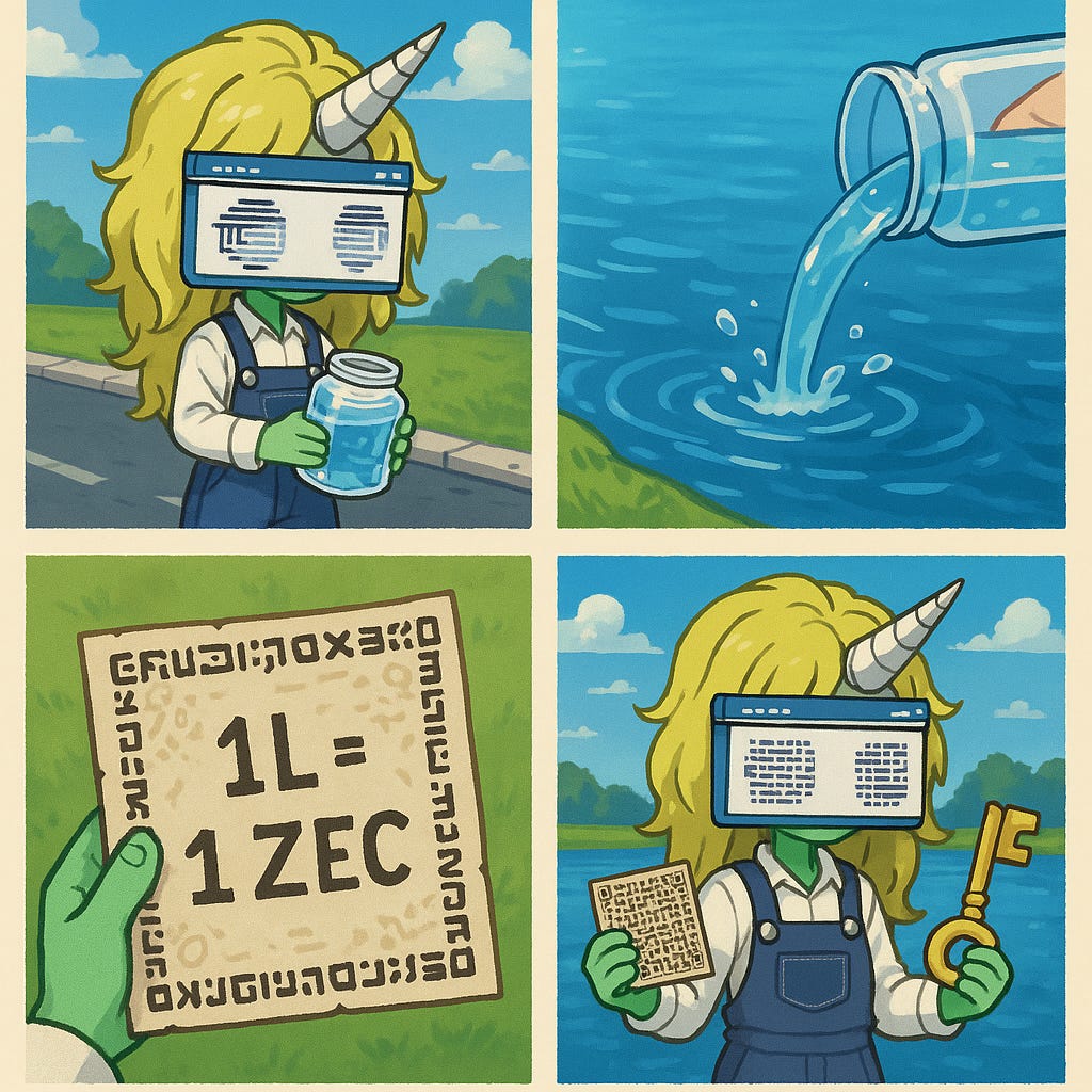 A colored anime-style image divided into four squares, telling a story. Main character is the blond girl with cypherpunk-terminal eyes attached (DataBabie-2979-no-bg.png).  First square (top-left): The girl is carrying a transparent jar with one liter of water, walking on the street,  Second square (top-right): a close-up of the jar dropping water into a big lake. Focus is on the water from the jar getting in contact with a huge volume of water and diluting in it,  Third square (bottom-left): a close-up of a paper note written: "1L = 1 ZEC". The paper has cryptic drawings around the message, suggesting its an encrypted message, but here we can see what it says  Fourth square (bottom-right): the girl is standing by the lake, holding a fully encrypted note (can't read, only see cryptic drawings) in one hand and a golden key in the other hand.