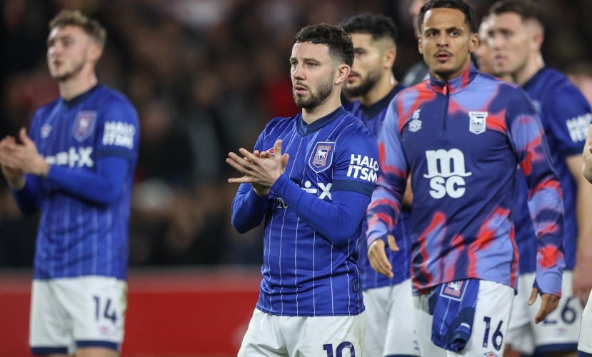 Conor Chaplin, Jack Taylor, Ali Al Hamadi and Sam Morsy applaud the away fans with disappointed face.