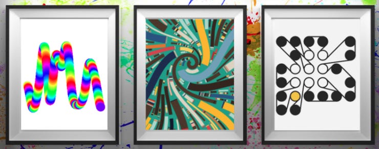 Peças de 3 das coleções mais famosas da ArtBlocks: Squiggles, Fidenza e Ringers. Fonte: Defiant