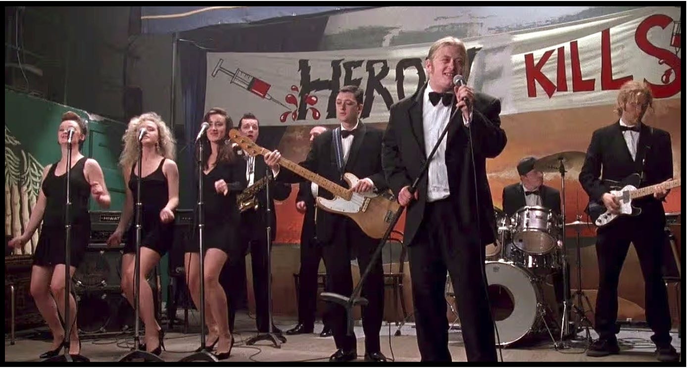 The white soul band, The Commitments perform on-stage in a scene from the movie, "The Commitments."
