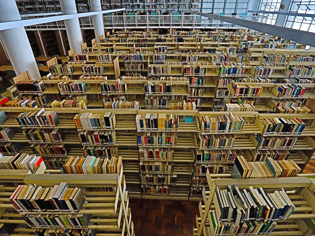 #descrevemospravocê  A imagem mostra o interior de uma grande biblioteca pública, vista de um ponto elevado, como um mezanino ou escada. O foco está em dezenas de estantes baixas e paralelas, organizadas em fileiras, formando corredores repletos de livros. As estantes são de madeira clara e estão bem abastecidas, com livros de diversos tamanhos, cores e espessuras. O conjunto cria uma espécie de labirinto visual, sugerindo um vasto acervo disponível ao público.  Ao fundo e nas laterais, colunas brancas sustentam o teto alto do edifício, que tem janelas amplas e envidraçadas, permitindo a entrada abundante de luz natural. Na parte superior direita da imagem, vê-se uma passarela com grade branca, por onde se pode circular nos andares superiores da biblioteca. As estantes da parte de cima também estão cheias de livros, indicando que a biblioteca tem mais de um nível.  O chão da biblioteca é de madeira em tom escuro, com acabamento em padrão de tábua corrida. A atmosfera geral da imagem transmite organização, tranquilidade e a grandiosidade do espaço, com um ambiente propício à leitura, estudo e pesquisa.