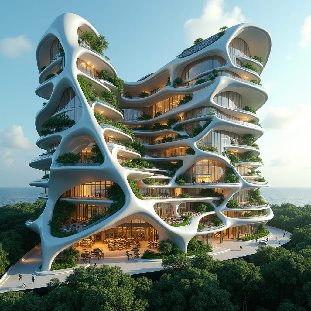 A futuristic commercial building in Jamaica with sleek, flowing lines and bold architectural shapes. Imagine a towering, multi-story structure crafted from reflective glass and steel, curving organically to blend seamlessly with the surrounding landscape. Solar panels line the roof, reflecting the Caribbean sunlight while powering the building. Lush vertical gardens climb its walls, and sky bridges connect the towers at various levels, creating an airy, open feel. Shops and restaurants fill the lower floors, while rooftop terraces offer panoramic views of Jamaica's coastline. The structure embodies sustainability, innovation, and the tropical essence of Jamaica.