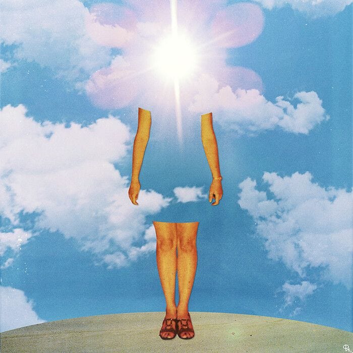 This may contain: a person standing on top of a hill under a blue sky with clouds and sun