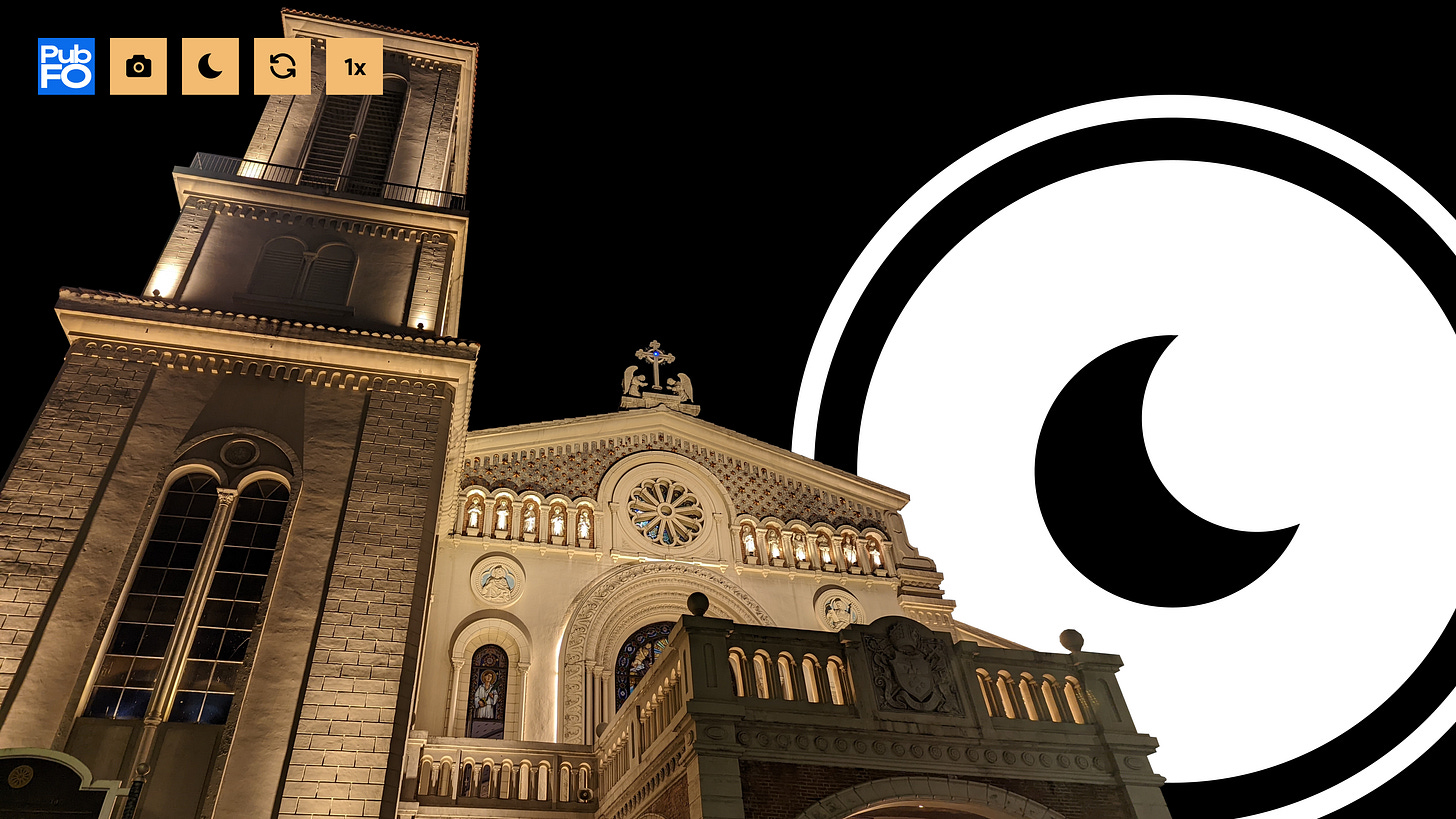 The article thumbnail: a church with the Night Sight shutter button in the background