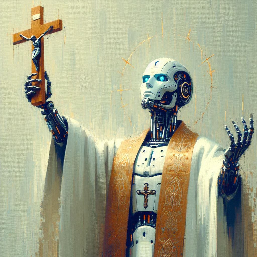 A cyborg dressed in a white robe raises a crucifix as if offering a blessing. Slight impressionist style.