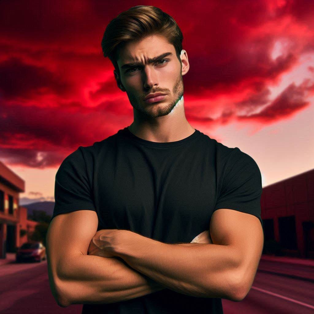 A handsome white man wearing a black t-shirt and standing with his arms crossed and a bored expression. Red skies. Dramatic.
