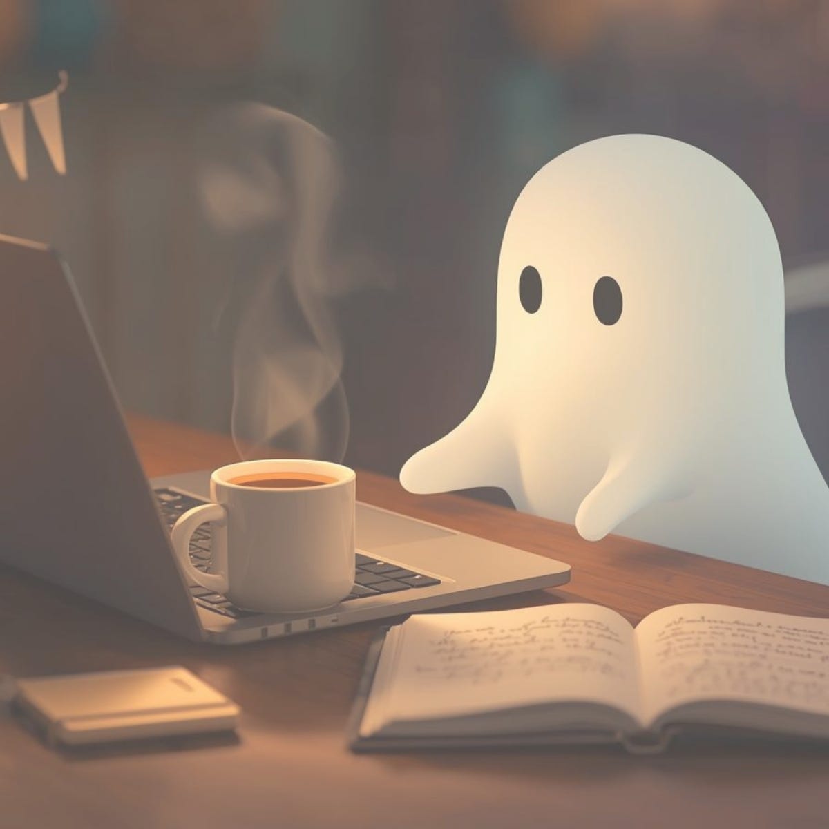 A cute ghost sitting at a desk with a cup of coffee, an open notebook, and a laptop, symbolizing the unseen work of a science ghostwriter who turns complex research into clear writing.