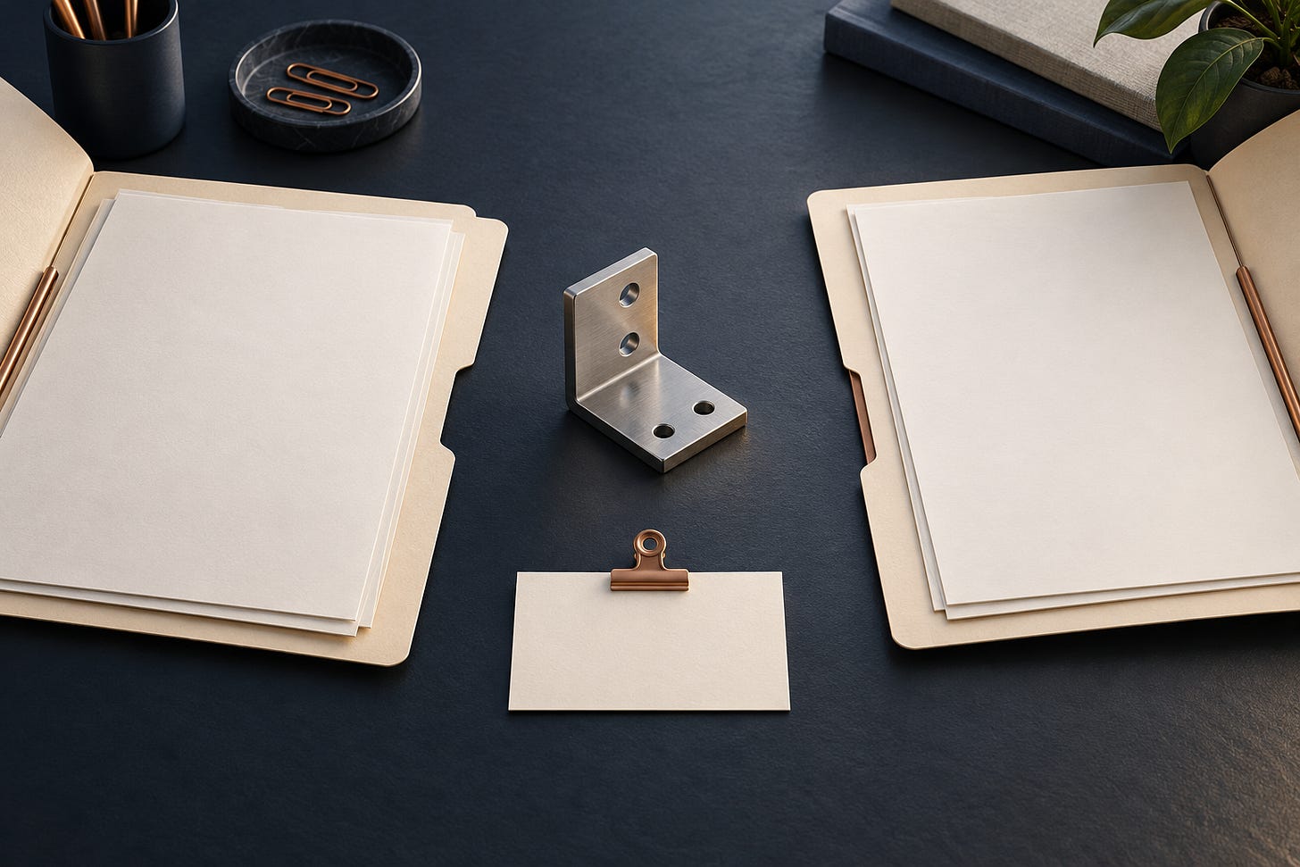 A metal component between two blank project folders, with a separate time card. A metal component between two blank project folders, with a separate time card.