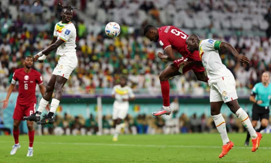 Mohammed Muntari climbs above the Senegal defence to head Qatar’s first-ever World Cup goal Mohammed Muntari climbs above the Senegal defence to head Qatar’s first-ever World Cup goal