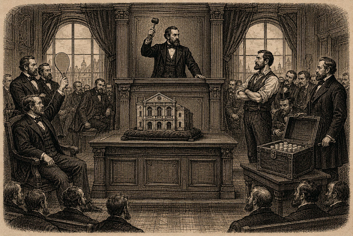 Wood-engraving editorial illustration in the Thomas Nast Harper's Weekly style for Attention Capital's essay The Exit Wave, Section VI: What the Wave Prices. In a formal auction room, an auctioneer pauses mid-call as a lender sets an open strongbox on the side table and the seller visibly straightens, while the lone bidder's paddle waits in the air. The image argues the essay's forward claim: an exit market with a credit alternative prices everything differently, because the buyer stops being the only bid and the seller acquires the ability to wait. Keywords: creator economy M&A pricing, credit alternative, private credit, media finance, attention capital. Wood-engraving editorial illustration in the Thomas Nast Harper's Weekly style for Attention Capital's essay The Exit Wave, Section VI: What the Wave Prices. In a formal auction room, an auctioneer pauses mid-call as a lender sets an open strongbox on the side table and the seller visibly straightens, while the lone bidder's paddle waits in the air. The image argues the essay's forward claim: an exit market with a credit alternative prices everything differently, because the buyer stops being the only bid and the seller acquires the ability to wait. Keywords: creator economy M&A pricing, credit alternative, private credit, media finance, attention capital.