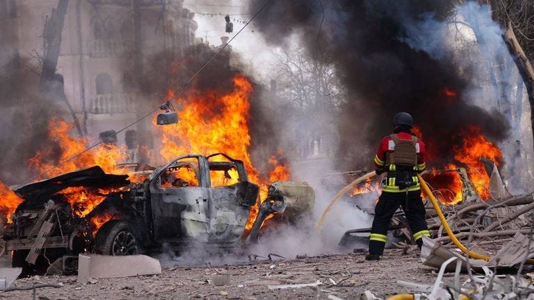 Firefighters work on site of missile strike in Sumy. Pic: State Emergency Service of Ukraine