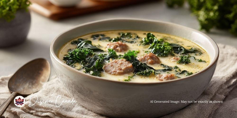 Creamy sausage soup served in a ceramic bowl on a light wood table with minimalist decor in a modern kitchen setting Creamy sausage soup served in a ceramic bowl on a light wood table with minimalist decor in a modern kitchen setting