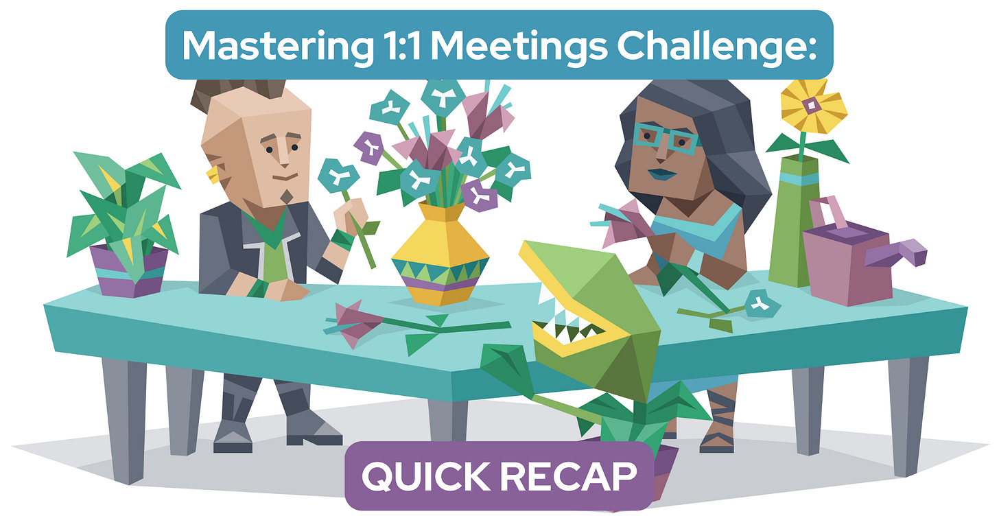 Two colleagues sit at a table arranging flowers while a sentient plant helps. Text reads: Mastering 1:1 Meetings Challenge: Quick Recap