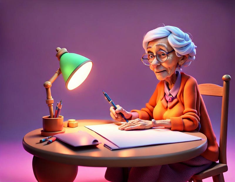 Old lady at writing desk with blank paper Old lady at writing desk with blank paper
