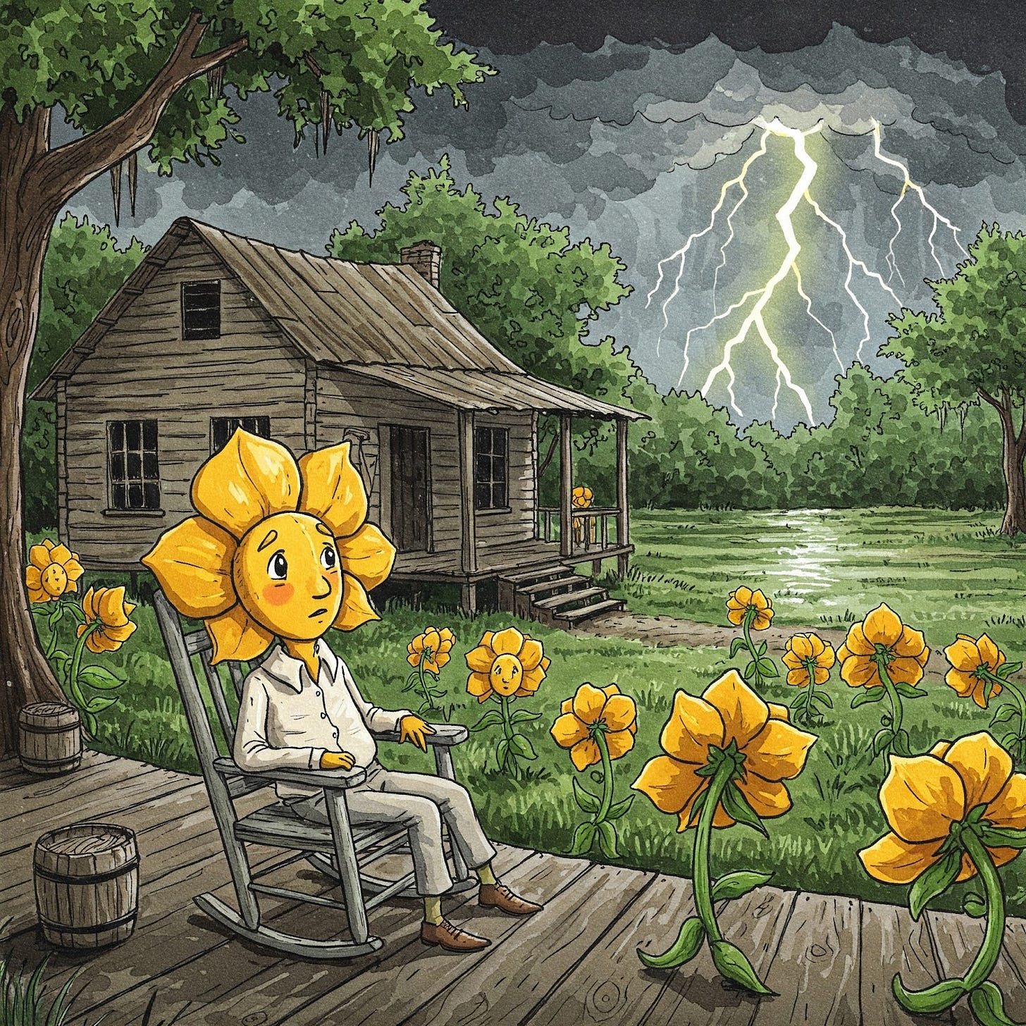 Golden Alexder avatar on his bayou porch with friends during a storm. Golden Alexder avatar on his bayou porch with friends during a storm.