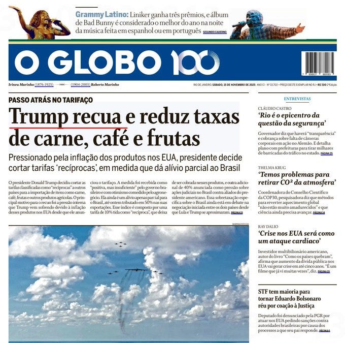 Newspaper page from O Globo dated August 2020 featuring headline about Trump reducing tariffs to zero on meat coffee and fruits with subtext on commercial war with China and US government actions impacting Brazilian exports and market competitiveness alongside side articles on Grammy Latin awards for Linker and Bad Bunny album nominations and EU serum development for cardiovascular treatment.