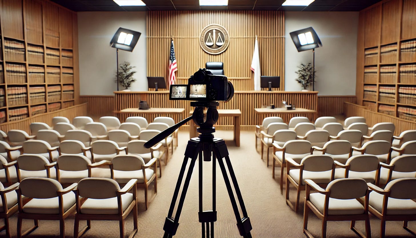A modern courtroom scene focused on a judge's bench with a camera tripod set up in the foreground, symbolizing transparency and accountability. The setting is a clean, well-lit courtroom with an empty audience area, emphasizing the importance of due process. The style should be professional and polished, suitable for an informative article banner.