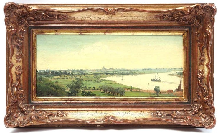 'Wijds rivierlandschap met boten op de rivier' - olieverf op paneel: Willem Oppenoorth (kavel 496, Derksen Veilingbedrijf) 'Wijds rivierlandschap met boten op de rivier' - olieverf op paneel: Willem Oppenoorth (kavel 496, Derksen Veilingbedrijf)