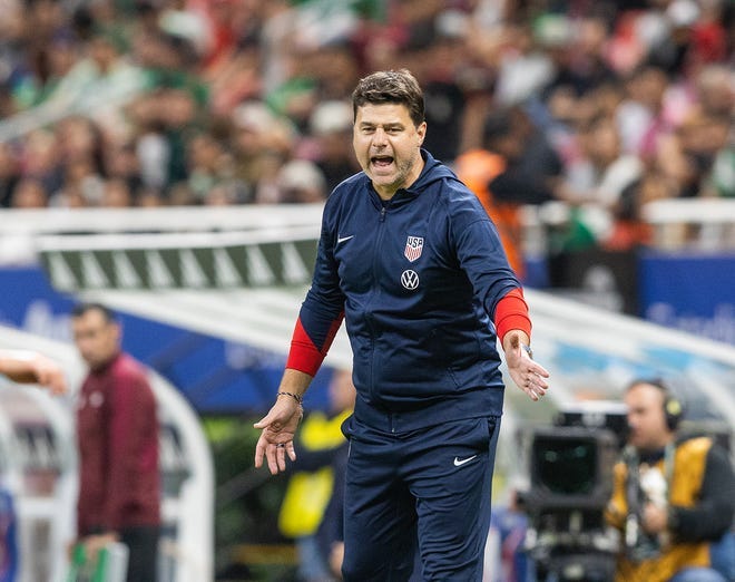 USMNT coach Mauricio Pochettino shouts out instructions during their 2-0 loss to Mexico at Estadio Akron.
