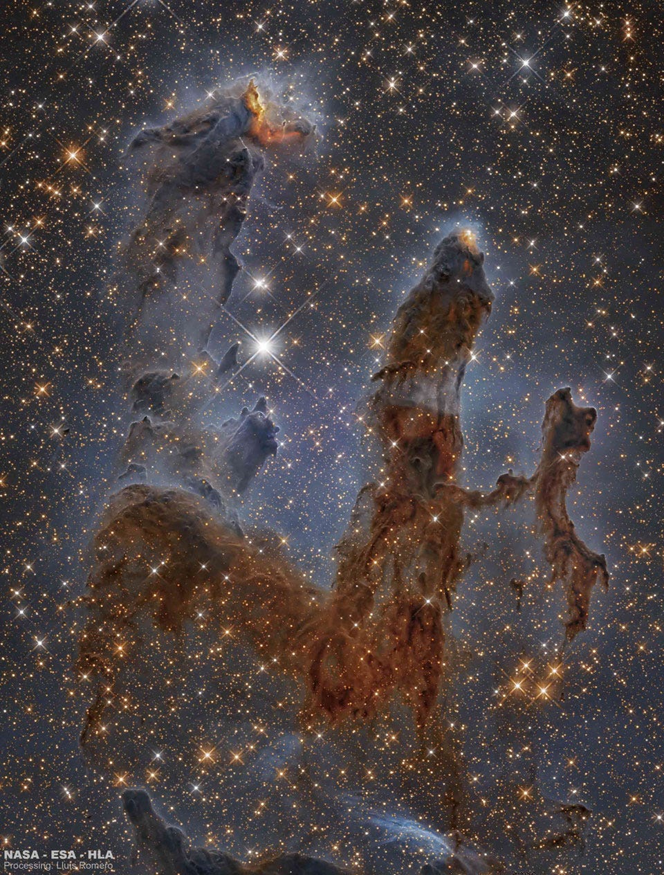 A starfield surrounds three large brown pillars
of dark dust. The pillars are shown vertically.
Please see the explanation for more detailed information. A starfield surrounds three large brown pillars
of dark dust. The pillars are shown vertically.
Please see the explanation for more detailed information.