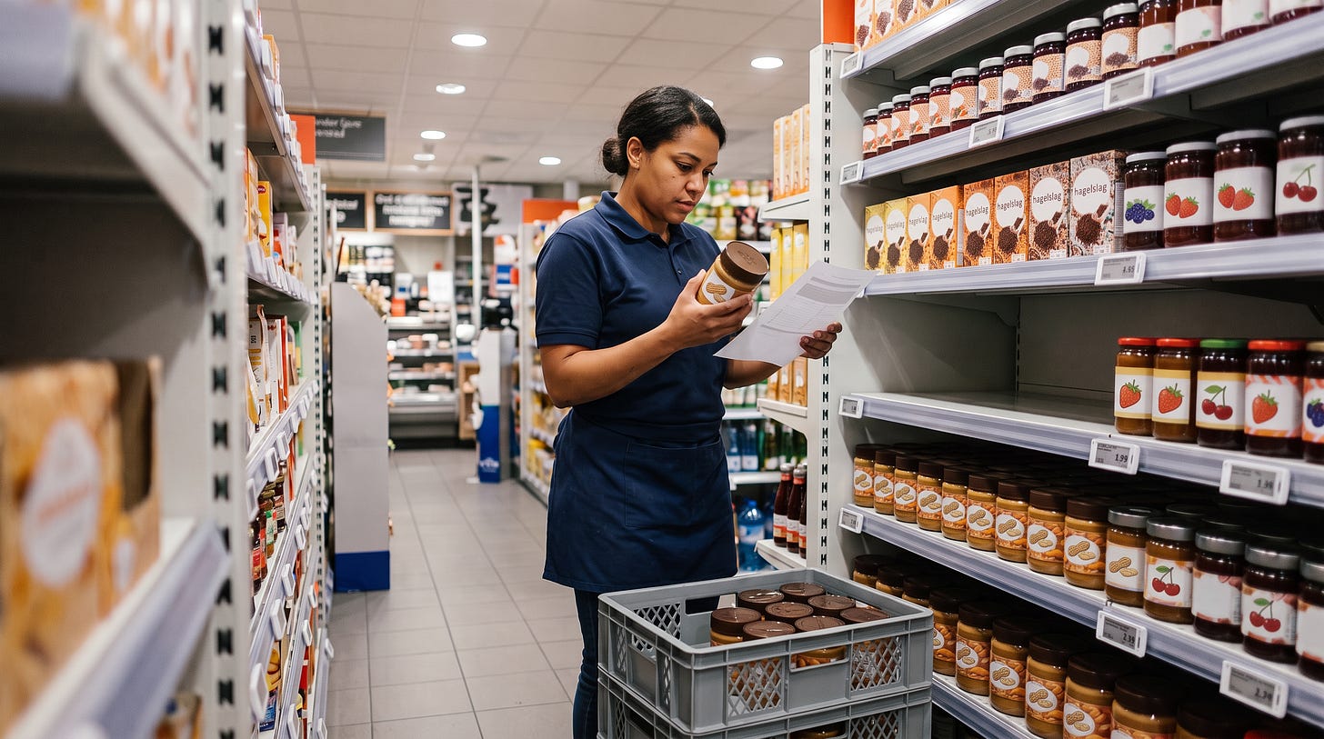 Een supermarktmedewerker controleert het partijnummer op een pot pindakaas en haalt alleen de teruggeroepen partij uit het schap Een supermarktmedewerker controleert het partijnummer op een pot pindakaas en haalt alleen de teruggeroepen partij uit het schap