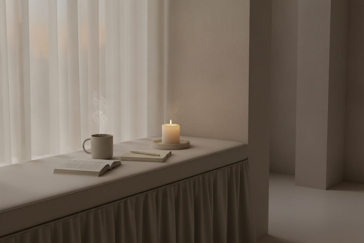 Landscape image of a pale window bench with a steaming mug, partly opened book, closed notebook, and lit candle beside sheer curtains in soft evening light. Landscape image of a pale window bench with a steaming mug, partly opened book, closed notebook, and lit candle beside sheer curtains in soft evening light.